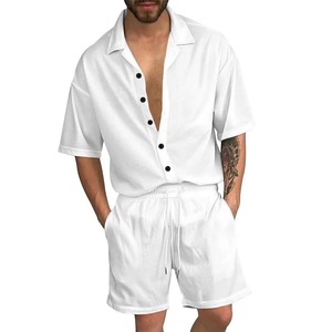Fibre de polyester costumes d'été vêtements pour hommes décontracté revers couleur unie chemise aléatoire boutonné Cardigan à manches courtes ensembles de shorts - Product Image 3