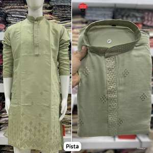 Ensemble Kurta en coton brodé fête de mariage tenue décontractée coton avec miroir travail Kurta pour hommes avec pyjama meilleure qualité - Product Image 4