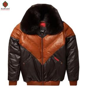 Blouson en cuir pour homme, col mandarin, style V-bomber, doudoune d'hiver décontractée, plusieurs couleurs disponibles, doublure en laine chaude - Product Image 2