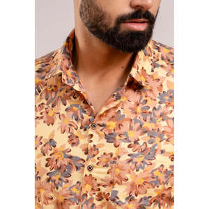 Men's Yellow Floral Printed Casual Cotton <b>Shirt</b> 100% Cotton Single Breasted <b>Western</b> Style Size 6XL Half Sleeve Cool Anti-Wrinkle - Product Image 1