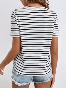 Nouveau T-shirt pour femmes, style décontracté ample, manches courtes, couleur unie, haut de qualité supérieure, style rayé, 100% coton - Product Image 5