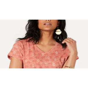 T-shirt da donna Style & Co slim fit con scollo a V in cotone traspirante stampato taglia unica XS lunghezza crop corallo - Product Image 2