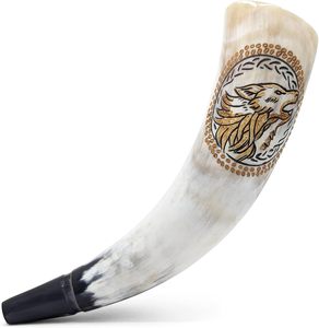 Corne de Viking, Trompe de bataille, Corne artisanale authentique, écologique, de qualité supérieure, gravée à la main, motif animal, loups nordiques, pièce d'animation - Product Image 2