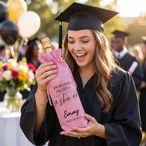Sac à vin personnalisé à motif ligne simple pour les diplômés de Master et de PhD, avec nom et année sur le chapeau de remise de diplôme, cadeau idéal pour la fête de remise de diplôme - Product Image 1
