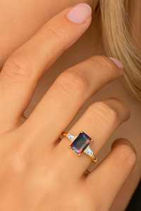 แหวนโอปอลแปดเหลี่ยมสีดำไฟ925เงินสเตอร์ลิง14K ชุบทองโอปอลธรรมชาติของขวัญเครื่องประดับ - Product Image 4