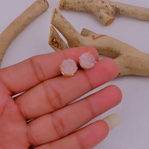 <b>Rose</b> <b>Quartz</b> October Birthstone Raw Gemstone Stud <b>Earrings</b> Stainless Steel Gold Plated Claw Setting Trendy Wholesale Handmade - Product Image 3