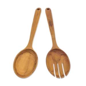 Servidores de ensalada de madera natural ecológicos, juego de servir, tenedor y cuchara de mango largo para mezclar ensaladas, frutas especiadas, utensilios de cocina - Product Image 1