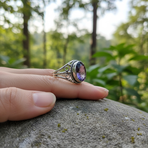 Anillo Ovalado de Amatista en Plata de Ley 925 |   Anillo de Plata Hecho a Mano Estilo Vintage |   Regalo para Ella para Fiesta de Compromiso o Boda - Product Image 2