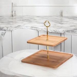 Support à gâteau en bois de manguier et métal à 3 niveaux avec finition argentée pour servir des muffins et des fruits dans les restaurants Outils décoratifs pour gâteaux - Product Image 3