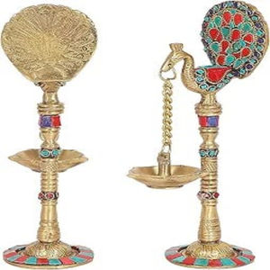 Estilo Art Deco, par Diya colgante de latón de 9 pulgadas, trabajo de piedras preciosas, diseño de pavo real, decoración Diya de latón estándar para Puja Pack 2 - Product Image 2