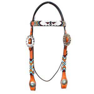 Cabezada para Caballo Western de Cuero Genuino Marca Shyam con Logotipo Personalizado, Tallada y Decorada con Cuentas, Acabado Antiguo, Ligera, Tamaño Full Cob - Product Image 3