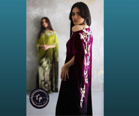 Kaftan de soirée luxueux en velours pur ombré couleur kiwi, brodé à la main, taille naturelle, longueur ras du sol, coupe modeste