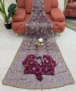 Lujosos adornos de perlas Festival de moda Use Organza Saree con motivos florales y bordes de perlas. - Product Image 3