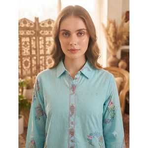 Ensemble deux pièces élégant pour femme en velours côtelé bleu ciel brodé, motif cerise, tissu doux, logo personnalisé, tenue assortie longue - Product Image 2