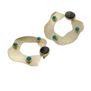 Labradorita chapada en oro y piedra preciosa turquesa, pendiente de tuerca grande, pendiente de diseñador, pendiente de tuerca grande, piedra preciosa de labradorita - Product Image 1