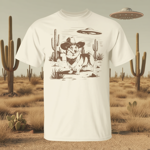 เสื้อยืดลายยูเอฟโอ คอร์กี้ สไตล์วินเทจยุค 90 แนวคาวบอยเอเลี่ยนตะวันตก เสื้อผ้าโปรโมชั่นสนุกๆ พร้อมธีมตะวันตก - Product Image 2