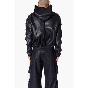 Sudadera corta con capucha de cuero negro - Product Image 4