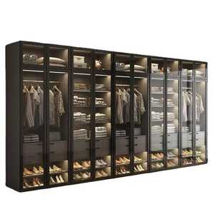 Armoire de luxe en verre noir avec éclairage LED, étagères, tiroirs et espace de suspension, design moderne pour la chambre à coucher - Product Image 1