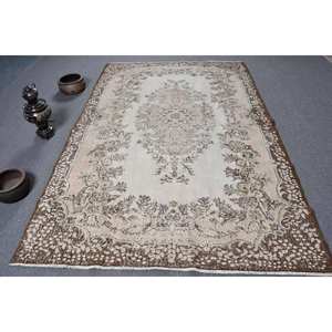 Alfombra Turca Vintage Clásica Beige Marrón 5,8X8,9 FT Hecho a Mano Lana Látex Respaldo Patchwork Diseño Rectángulo Tabriz para Cabecera - Product Image 1