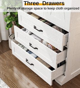 Armoire de chambre à coucher en bois avec lumière à capteur et 3 tiroirs, armoire avec 2 portes et tringle de suspension - Product Image 5