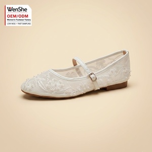Proveedor de Zapatos Planos Mary Jane de Encaje Blanco con Cuentas de Perlas, Diseño Personalizado ODM, Zapatos de Novia para Mujer con Bordado Floral de Lujo para Bodas y Fiestas - Product Image 1
