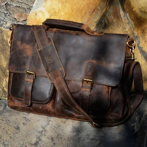 Handmade Genuine Buffalo Leather <b>Messenger</b> Cross-Body Briefcase Office and Travel <b>Bags</b> with <b>Laptop</b> Compartment - Product Image 1