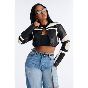 Nouveautés d'hiver Femmes Sexy Haut court à manches longues col rond bouton unique Blouson bomber en cuir PU Haut décontracté - Product Image 1