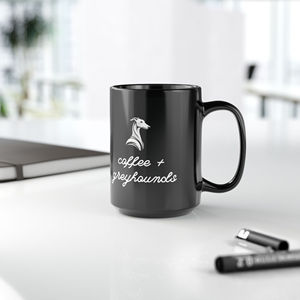 Tazza in Ceramica Nera da 15oz con Design Minimalista 'Coffee + Greyhounds', Rivestimento per Sublimazione, Lavabile in Lavastoviglie, per Oktoberfest, 200ml - Product Image 1
