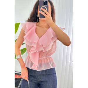 Blouse rose en gros avec taille élastiquée à volants - Rose - Product Image 3