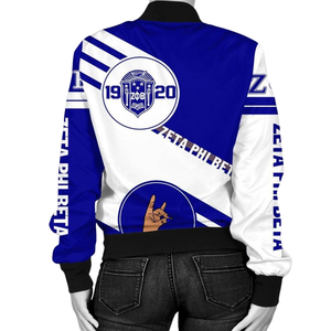 Chaqueta de Satén Zeta Phi Beta 1920, Ropa Griega para Mujer, Azul Blanco, Bordado con el Escudo ZPB, Estilo Universitario Premium - Product Image 2