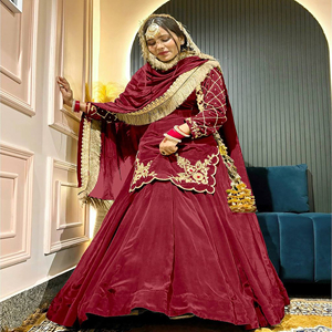 Traditional <b>Red</b> <b>Silk</b> Kurta Lehenga Set Indian Pakistani Sequin Zari Embroidery Wedding Festive Traditional Women Wear - Product Image 2