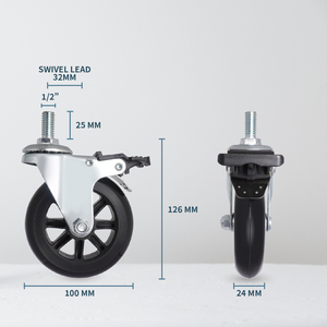 100mm PU Flat Free Caster 1/2 Threaded <b>Wheel</b> Steel Frame Black Front Brake Casters - Product Image 2