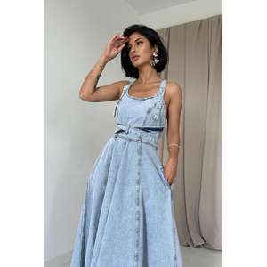 Robe en jean mi-longue à ceinture pour femme, style délavé, vente en gros - Product Image 3