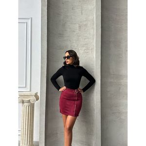 Jupe crayon zippée en daim bordeaux pour femme TOPSHOW - Jupe midi en mélange coton et polyester pour l'automne-hiver (vente en gros) - Product Image 5
