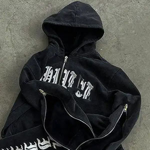 Expu Acid <b>Washed</b> Streetwear Hoodie Set Printed Zipper Sweat Suits Flared Sweatpants Plus Size Distress Patch Comfortable - Product Image 4