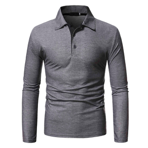 Polo gris classique à manches longues pour hommes haut décontracté coupe ajustée en coton mélangé doux avec col boutonné et col élégant - Product Image 2