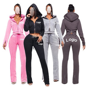 Ensemble de survêtement en molleton uni pour femme avec logo brodé personnalisé, sweat à capuche court délavé à l'acide de haute qualité, vente en gros - Product Image 1