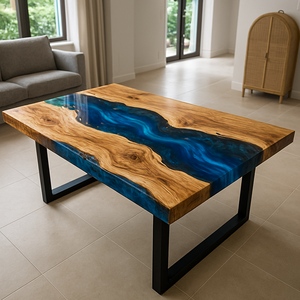 Table à manger rectangulaire moderne en résine époxy artisanale de luxe pour salon, plateau en bois d'acacia, imperméable, cadeau de mariage, personnalisable - Product Image 5