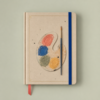 Carnet de palettes d'artiste personnalisé LABON, couverture rigide en lin beige, bordure dorée, peintures impasto, pinceau, ruban bleu roi et corail