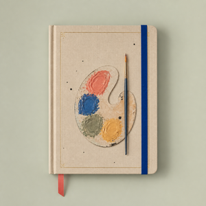 Cuaderno de Paleta de Artista Personalizado LABON, Tapa Dura de Lino Beige, Borde con Lámina Dorada, Pinturas Impasto, Pincel, Cinta Azul Rey y Coral - Product Image 2