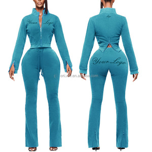 Ensemble de tenues d'automne en coton sportif personnalisé pour femmes Ensembles de shorts moulants à manches longues à capuche avec fermeture éclair et broderie imprimée à la mode pour femmes - Product Image 5