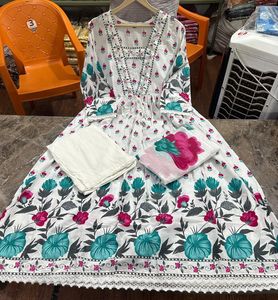 New Style Anarkali Set <b>Indian</b> Traditional Designer Cotton Multi Color Sanganeri Printed Anarkali <b>Kurta</b> With Pant and Dupatta - Product Image 1