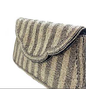 Metallic <b>Silver</b> Striped Seed Bead Crossbody <b>Clutch</b> - Product Image 3