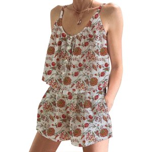 Ensemble de pyjama en coton imprimé à la main, short et haut, vêtements de nuit, printemps/été, ajusté, bretelles fines, sans manches - Product Image 1