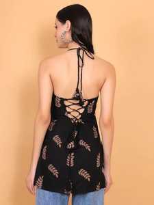 Kurti sin mangas con cuello halter y estampado floral, estilo veraniego, negro y marrón, kurti recto, ropa de moda para mujer - Product Image 4