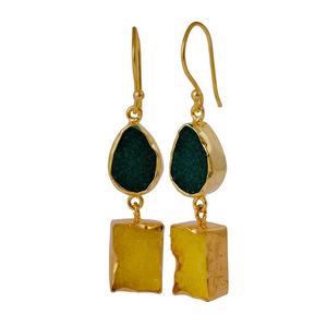 Pendientes colgantes finos chapados en oro hechos a mano, piedra preciosa de ágata Druzy verde y amarilla natural con gancho de gota, pendientes hechos a mano - Product Image 1