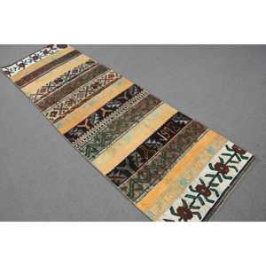 2.3x7.6 ft Rug, Vintage Turkish Rug, <b>Brown</b> <b>Wool</b> Rug - Product Image 1
