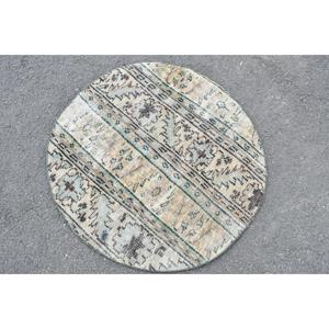 Alfombra Turca Vintage, Redonda de 3x3 pies, Alfombra de Lana con Estampado Animal Verde Marrón - Product Image 4