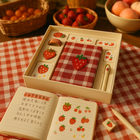 LABON Coffret cadeau de carnet Vichy fraise avec couverture en tissu Stylo journal Washi Tape Stickers et accessoires mignons