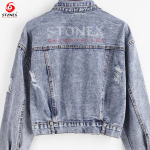 Azul rasgado desgastado otoño moda Casual abrigos cortos otoño señoras recortadas algodón lentejuelas Denim Jean chaquetas personalizadas mujeres - Product Image 5